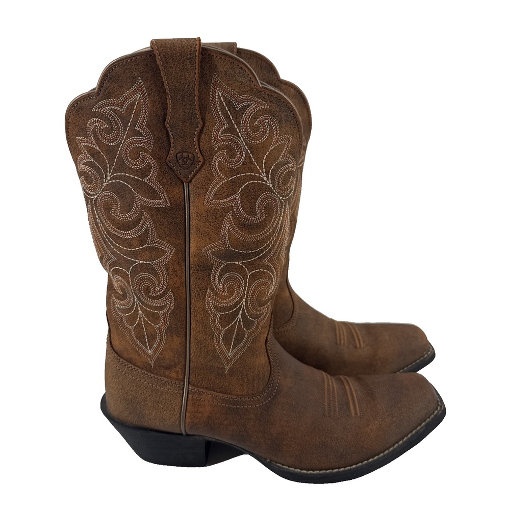 Ariat Round Up Square Toe Cowboy Boots Women 8.5 B Brown Leather Western Pull On - Picture 4 of 10